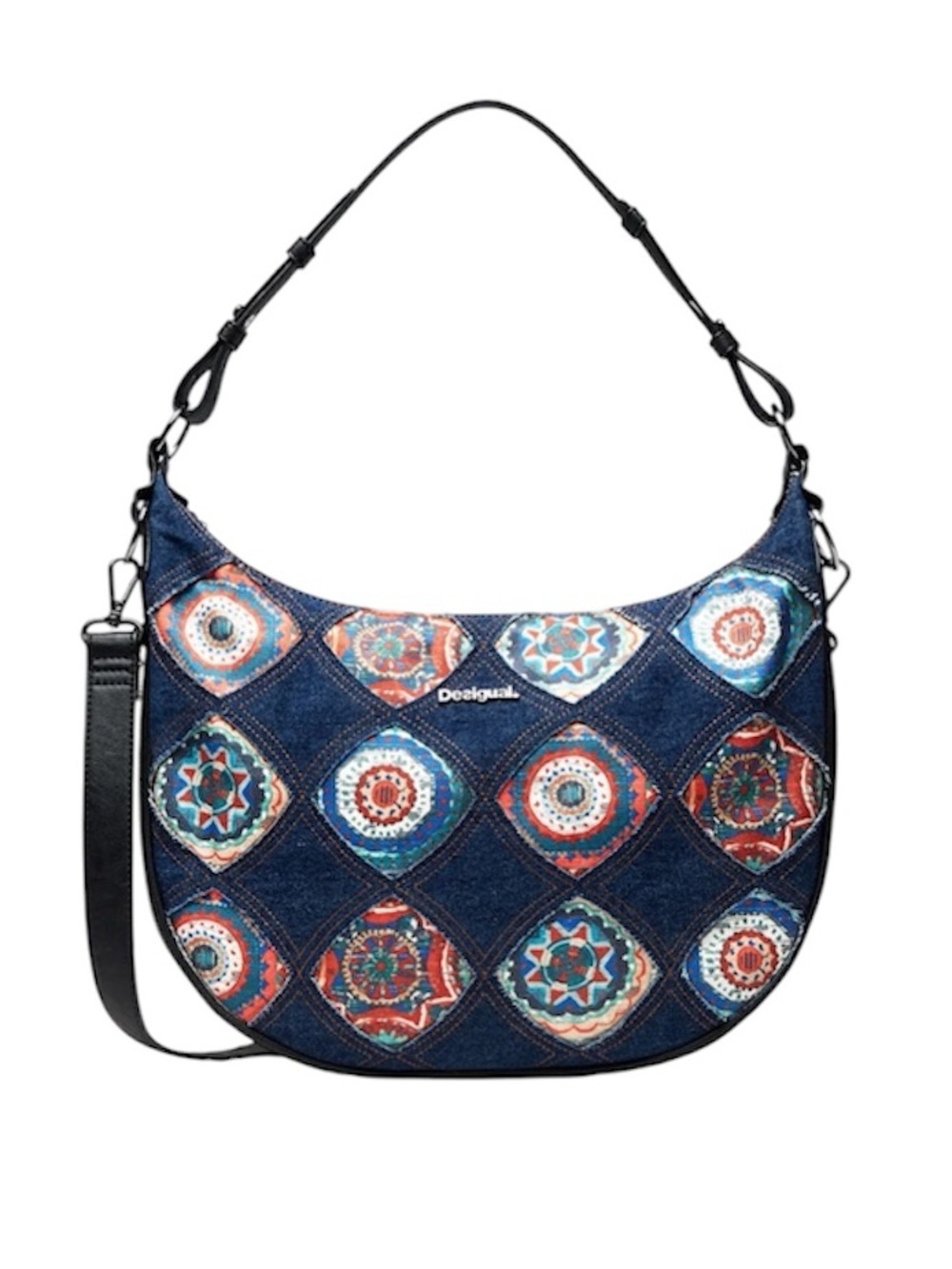 DESIGUAL Crescent Friezes Shoulder Crossbody Bag Denim Patchwork Zipper Adjust